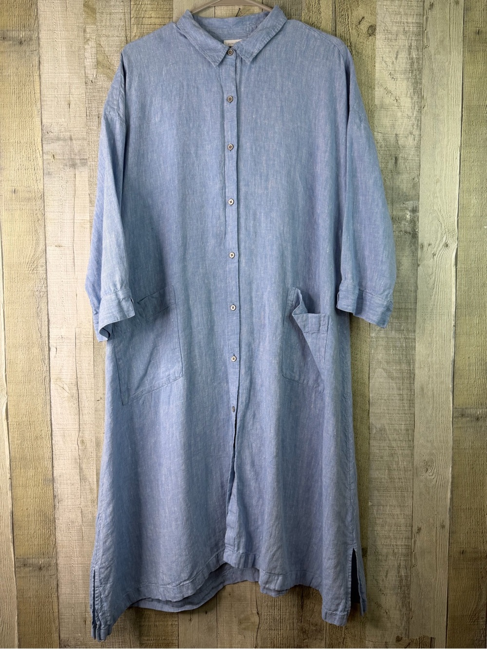 Purejill Large Blue Linen Shirt Dress Front Patch Pockets & Button Down Front